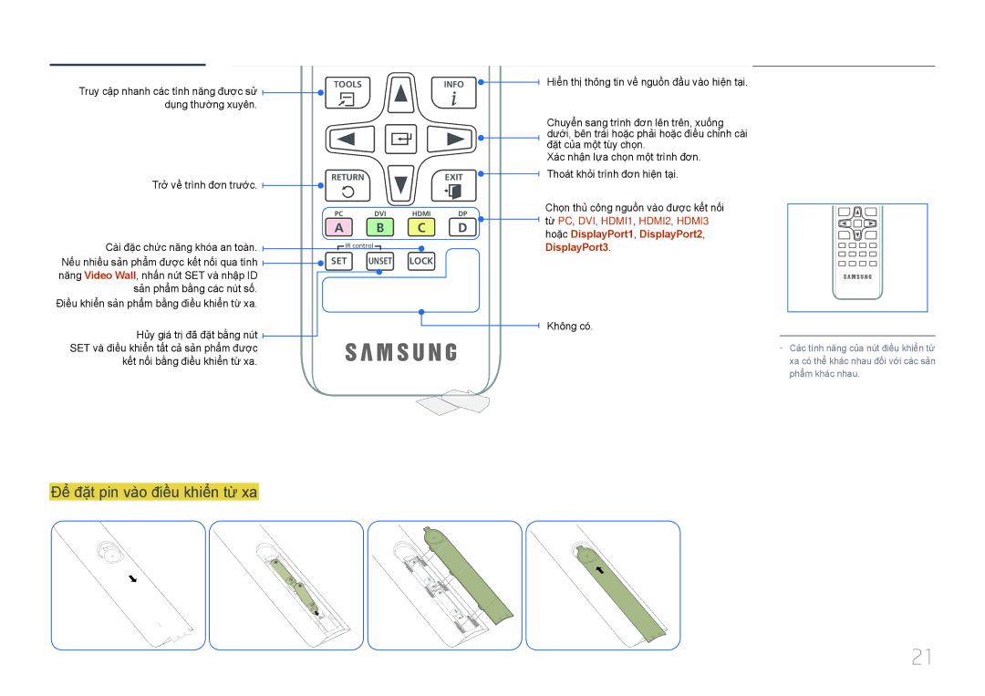 Samsung LH85QMDPLGC/XY, LH85QMDPLGC/XV manual Để đặt pin vào điều khiển từ xa, Dụ̣ng thường xuyên 