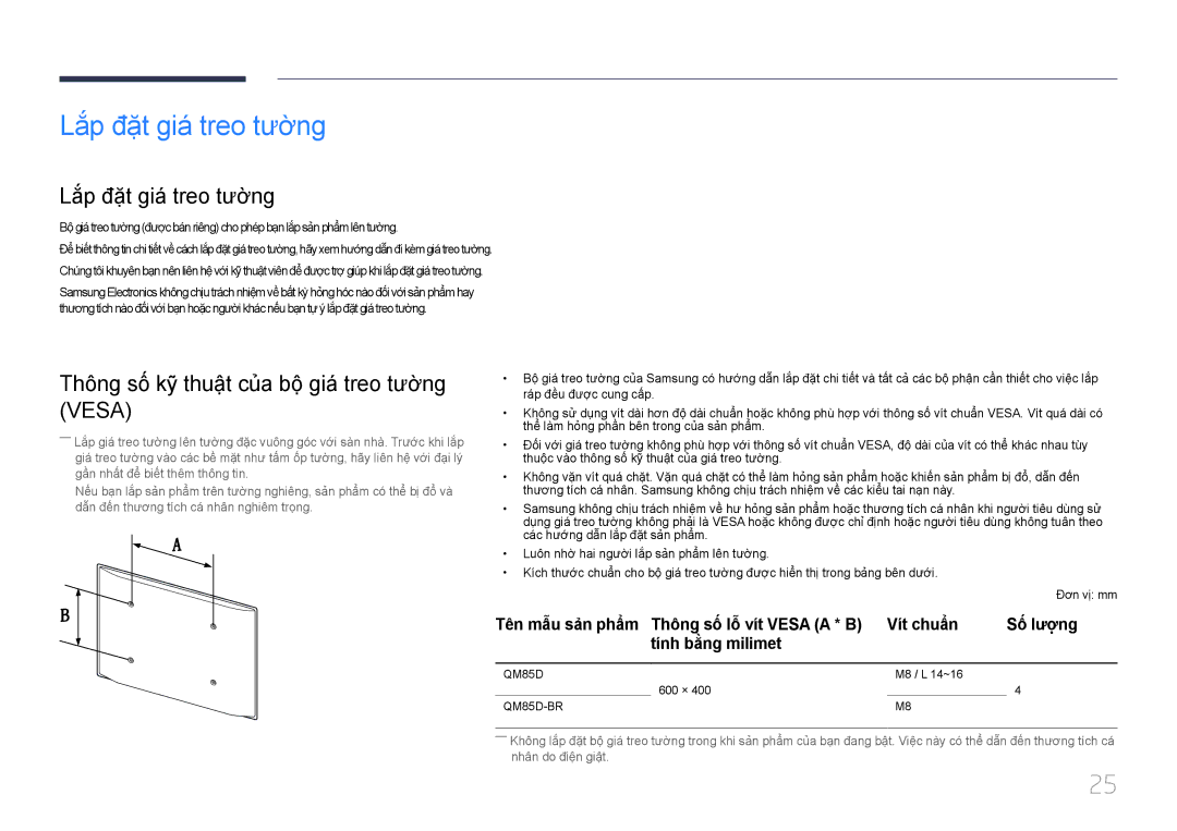 Samsung LH85QMDPLGC/XY, LH85QMDPLGC/XV manual Lăp đăt gia treo tương, Thông sô kỹ thuât cua bô gia treo tương Vesa 