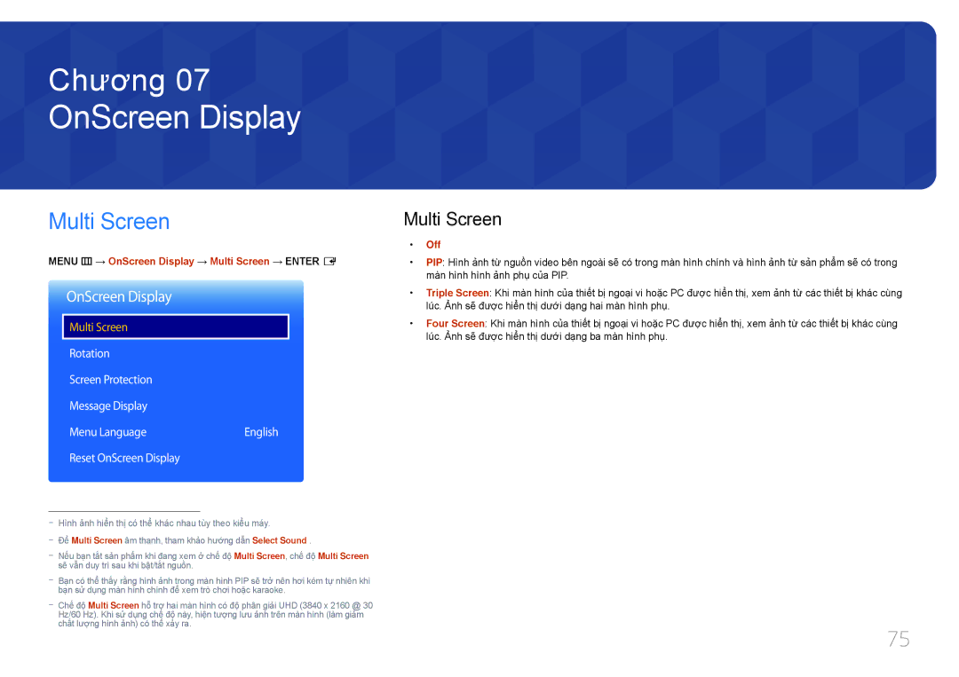 Samsung LH85QMDPLGC/XY manual OnScreen Display, Multi Screen, Rotation Screen Protection Message Display Menu Language 