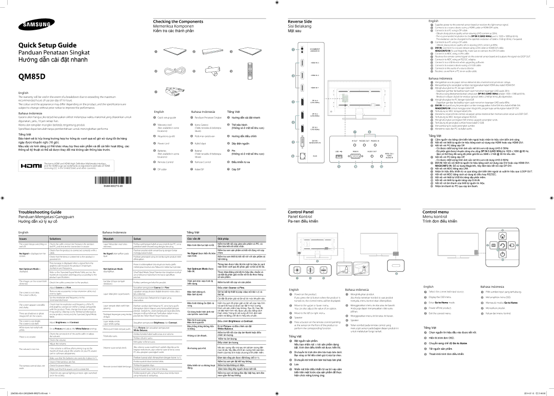 Samsung LH85QMDPLGC/XY, LH85QMDPLGC/XV manual Reverse Side Sisi Belakang Mặt sau 