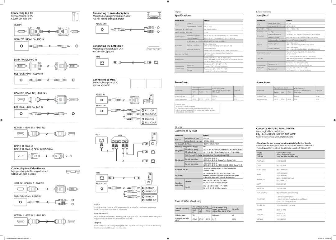 Samsung LH85QMDPLGC/XV Connecting to a PC Menyambung ke PC Kết nối với máy tính, Specifications, PowerSaver, Spesifikasi 