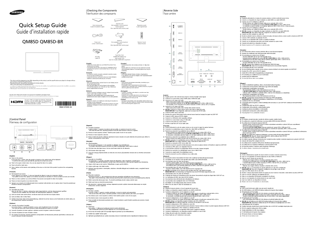 Samsung LH85QMDRTBC/EN manual Español, Svenska, Magyar, Polski, English, Français, Deutsch, Italiano, Português, Türkçe 