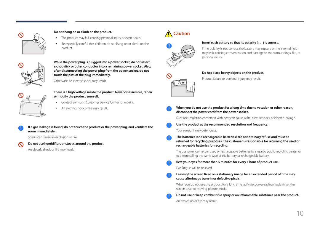 Samsung LH85QMFPLGC/XV manual Do not hang on or climb on the product, Do not use humidifiers or stoves around the product 