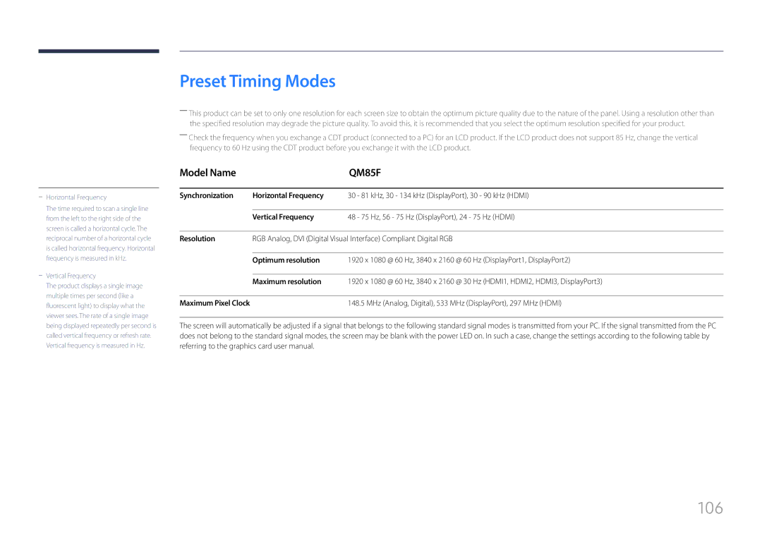 Samsung LH85QMFPLGC/XV, LH85QMFPLGC/EN, LH85QMFPLGC/UE, LH85QMFPLGC/CH manual Preset Timing Modes 