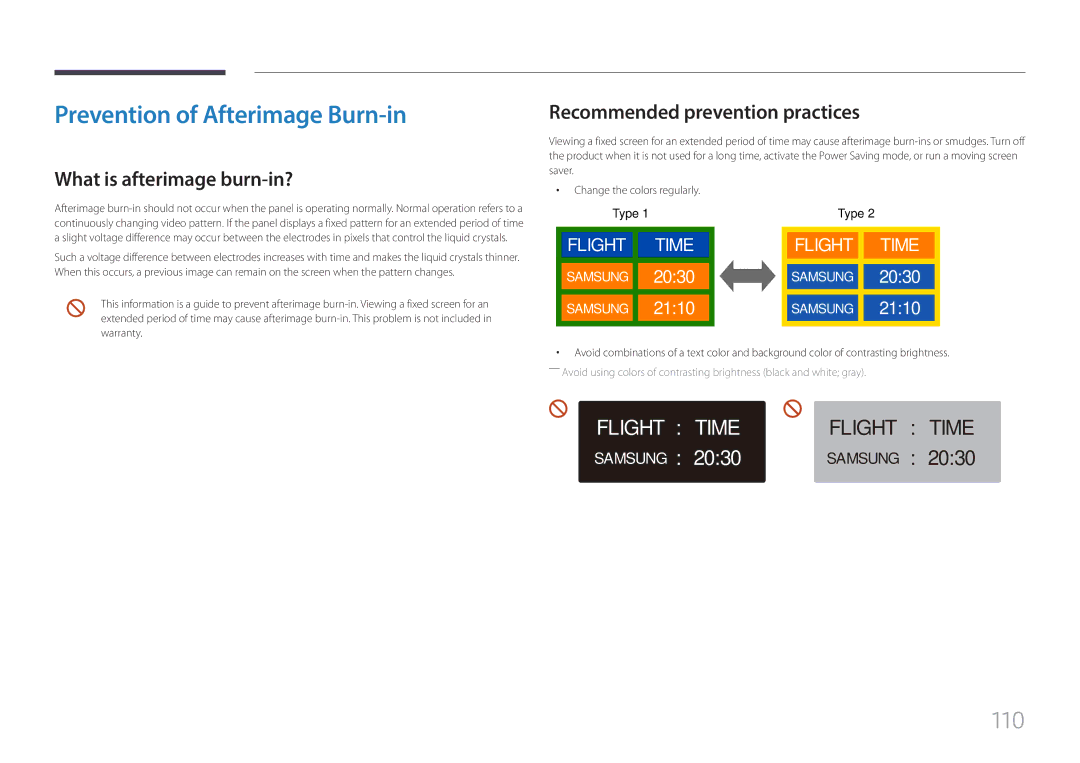 Samsung LH85QMFPLGC/XV Prevention of Afterimage Burn-in, What is afterimage burn-in? Recommended prevention practices 