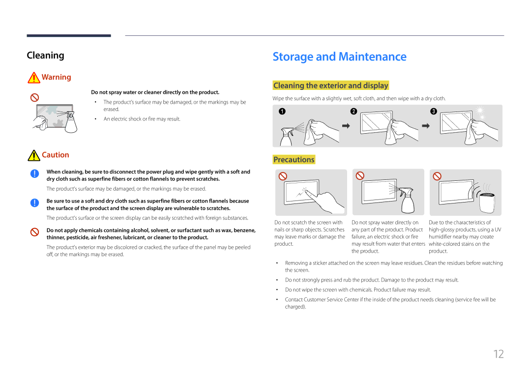 Samsung LH85QMFPLGC/EN, LH85QMFPLGC/UE manual Storage and Maintenance, Cleaning the exterior and display, Precautions 