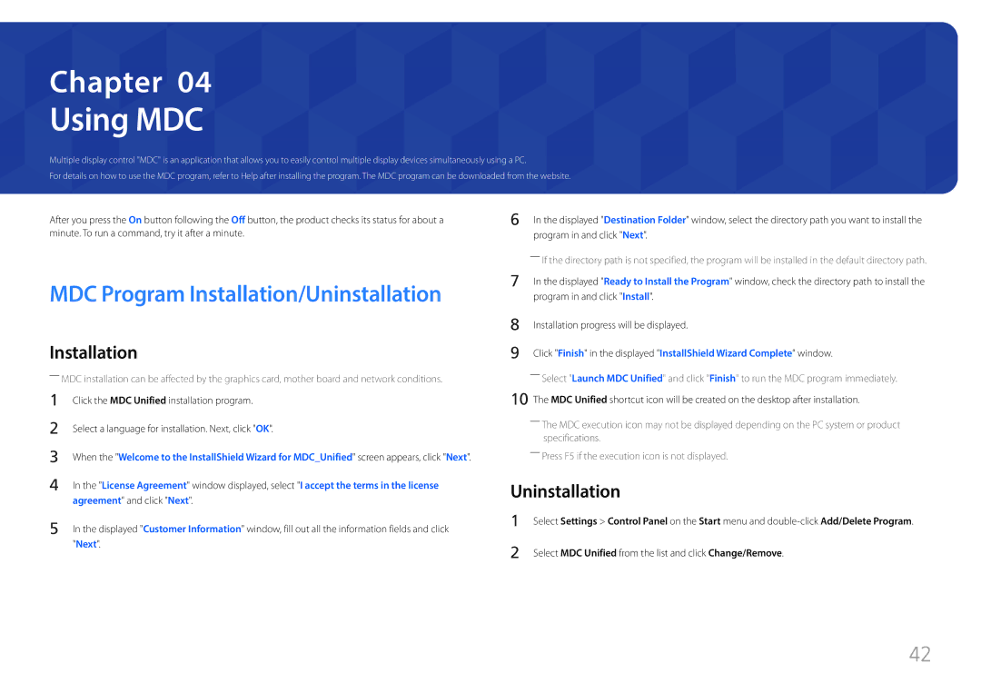 Samsung LH85QMFPLGC/XV, LH85QMFPLGC/EN, LH85QMFPLGC/UE, LH85QMFPLGC/CH manual Using MDC, Uninstallation 