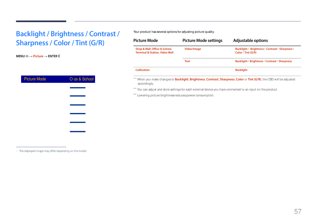 Samsung LH85QMFPLGC/UE, LH85QMFPLGC/EN Picture Mode Picture Mode settings Adjustable options, Menu m → Picture → Enter E 