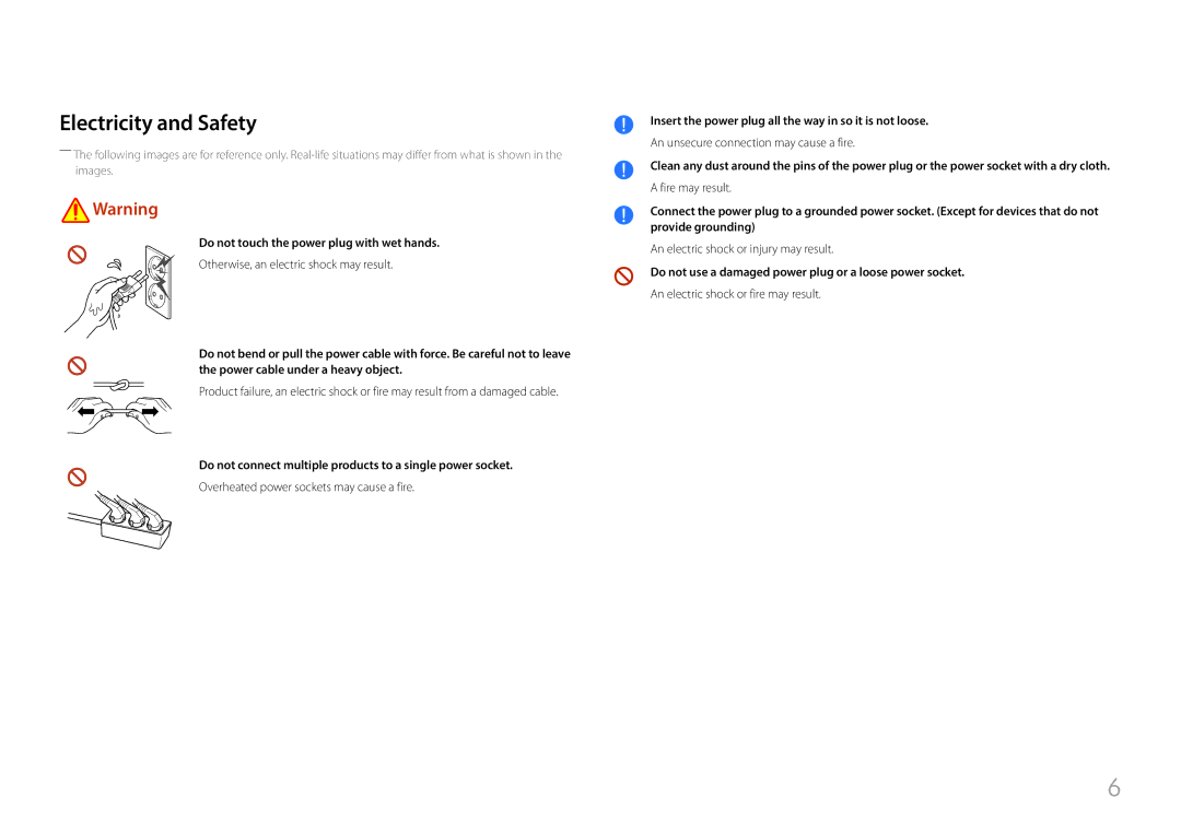 Samsung LH85QMFPLGC/XV, LH85QMFPLGC/EN, LH85QMFPLGC/UE Electricity and Safety, Do not touch the power plug with wet hands 