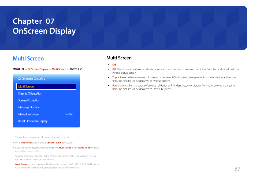 Samsung LH85QMFPLGC/CH, LH85QMFPLGC/EN Reset OnScreen Display, Menu m → OnScreen Display → Multi Screen → Enter E 