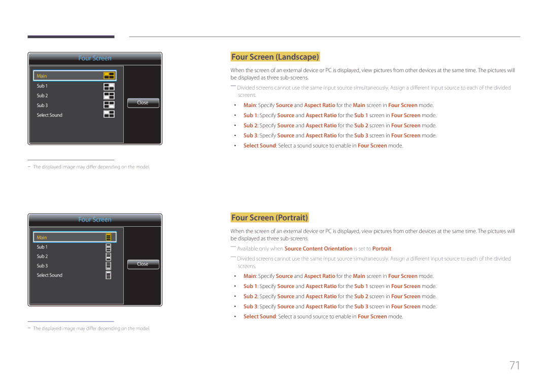 Samsung LH85QMFPLGC/CH, LH85QMFPLGC/EN, LH85QMFPLGC/UE, LH85QMFPLGC/XV manual Four Screen Landscape, Four Screen Portrait 