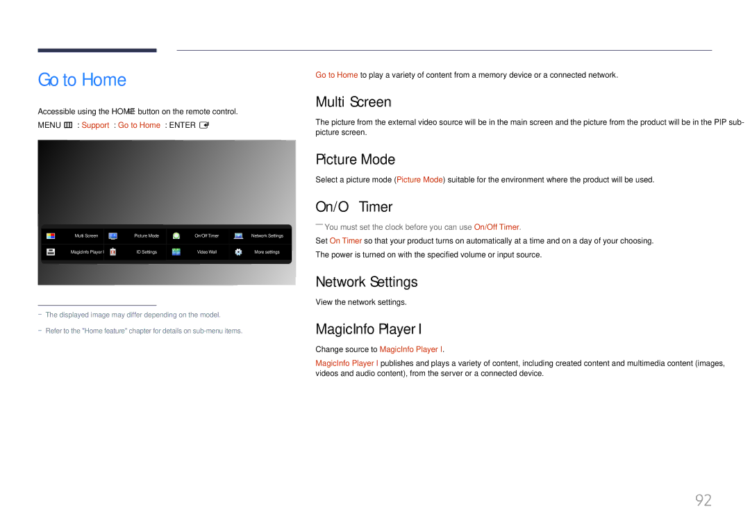 Samsung LH85QMFPLGC/EN, LH85QMFPLGC/UE manual Go to Home, Picture Mode, On/Off Timer, Network Settings, MagicInfo Player 