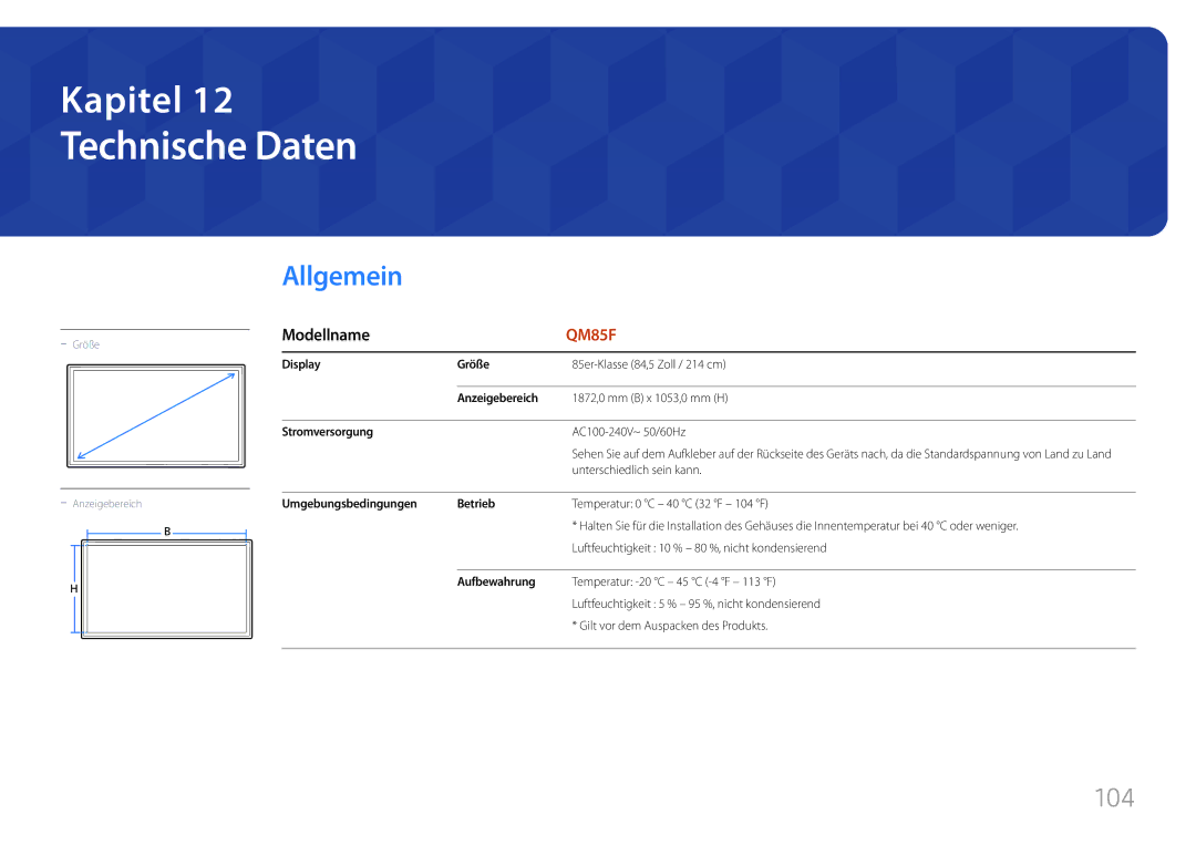 Samsung LH85QMFPLGC/EN manual Technische Daten, Modellname 