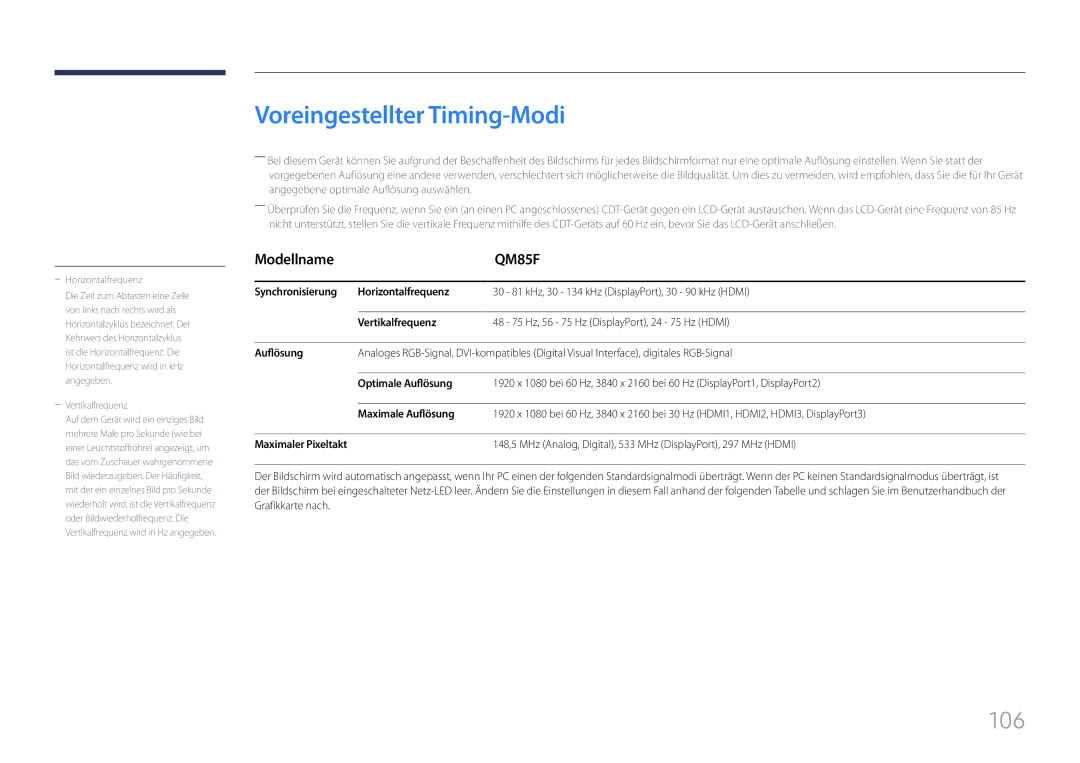 Samsung LH85QMFPLGC/EN manual Voreingestellter Timing-Modi 