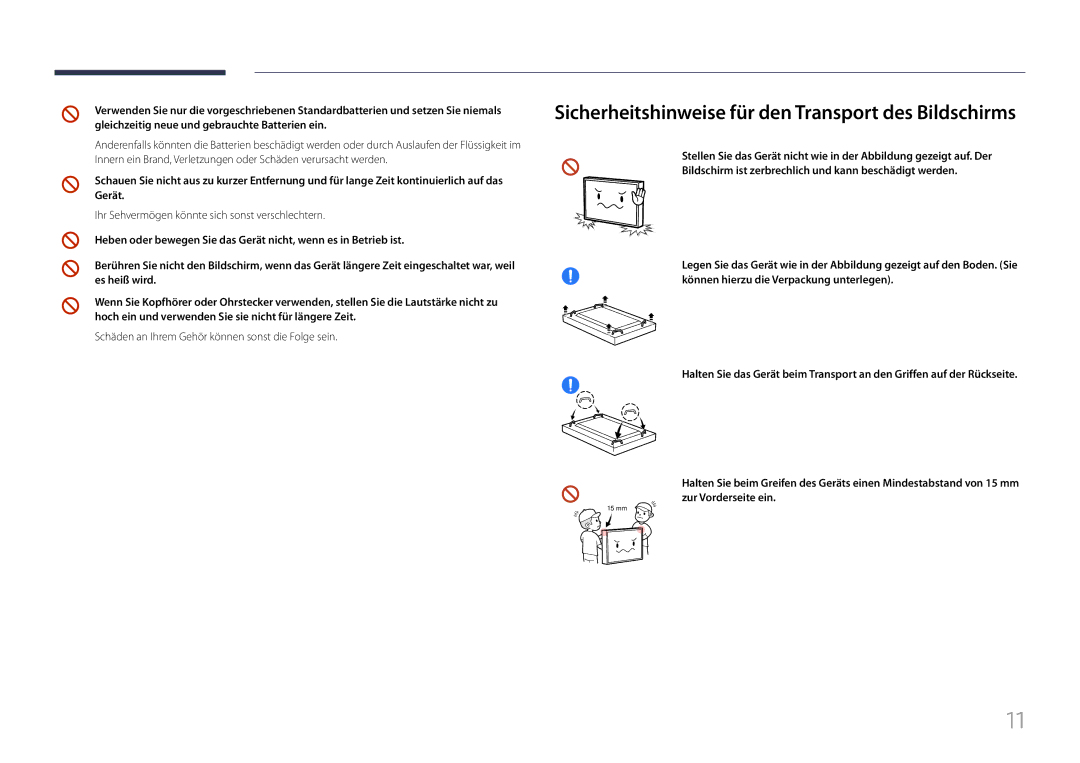 Samsung LH85QMFPLGC/EN manual Sicherheitshinweise für den Transport des Bildschirms 