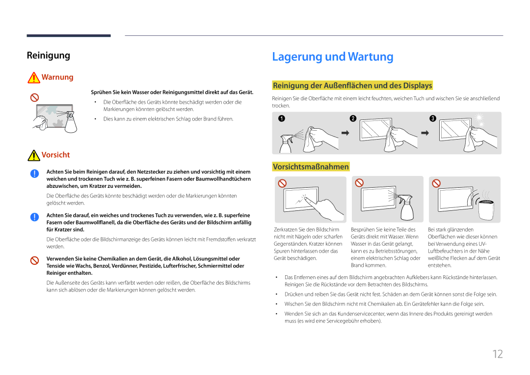 Samsung LH85QMFPLGC/EN manual Lagerung und Wartung, Reinigung der Außenflächen und des Displays, Vorsichtsmaßnahmen 