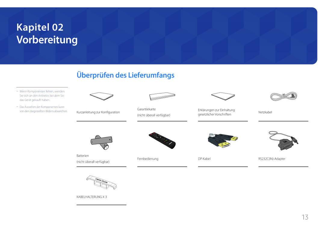 Samsung LH85QMFPLGC/EN manual Vorbereitung, Überprüfen des Lieferumfangs 