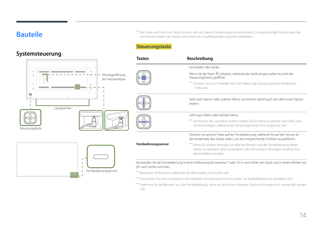 Samsung LH85QMFPLGC/EN manual Bauteile, Systemsteuerung, Steuerungstaste, Tasten Beschreibung, Fernbedienungssensor 