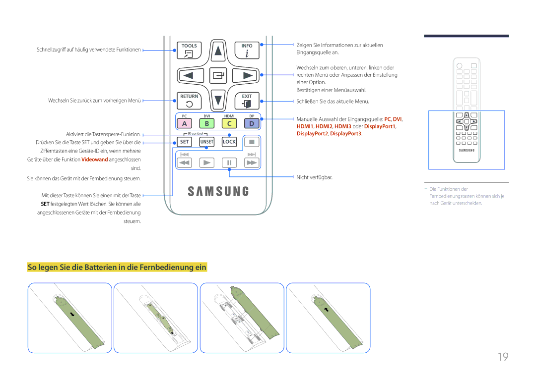 Samsung LH85QMFPLGC/EN So legen Sie die Batterien in die Fernbedienung ein, Wechseln Sie zurück zum vorherigen Menü, Sind 