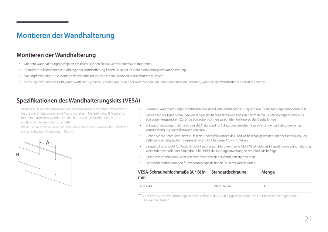 Samsung LH85QMFPLGC/EN Montieren der Wandhalterung, Spezifikationen des Wandhalterungskits Vesa, Standardschraube Menge 