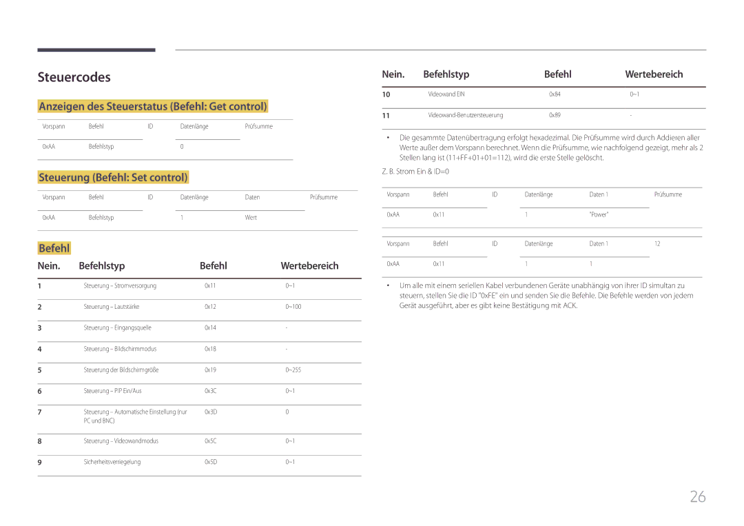 Samsung LH85QMFPLGC/EN manual Steuercodes, Anzeigen des Steuerstatus Befehl Get control, Steuerung Befehl Set control 