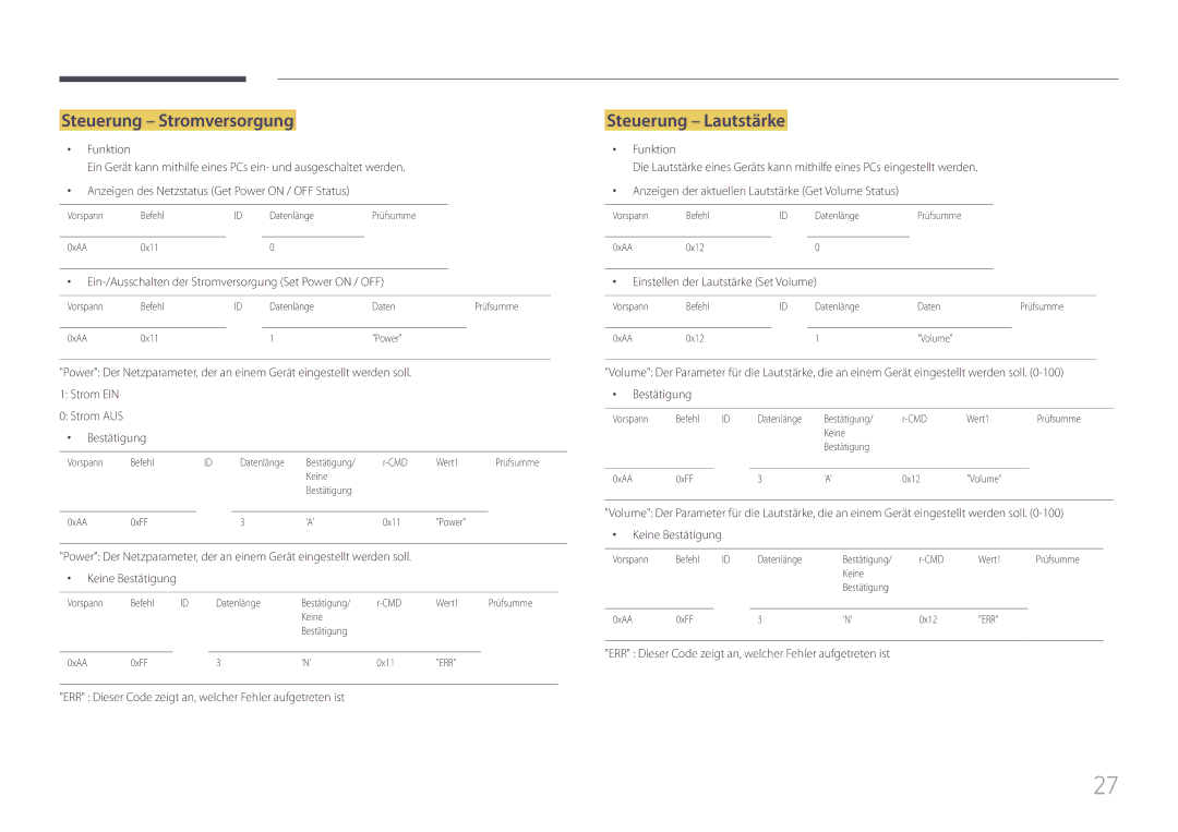 Samsung LH85QMFPLGC/EN manual Steuerung Stromversorgung, Steuerung Lautstärke 