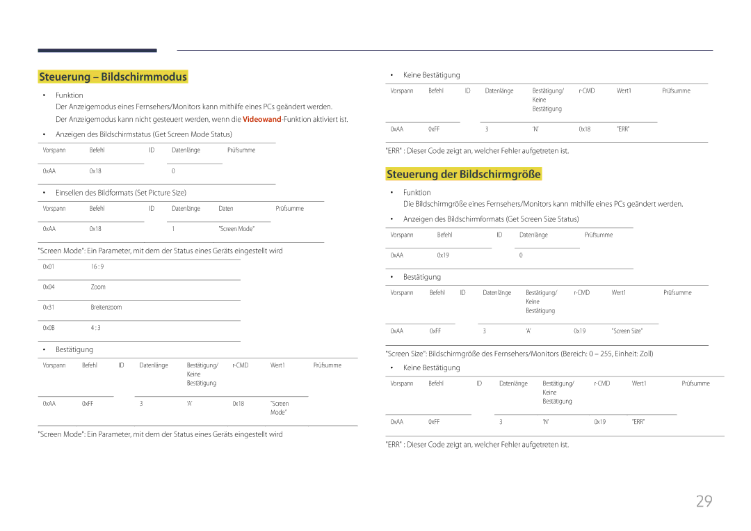 Samsung LH85QMFPLGC/EN manual Steuerung Bildschirmmodus, Steuerung der Bildschirmgröße 