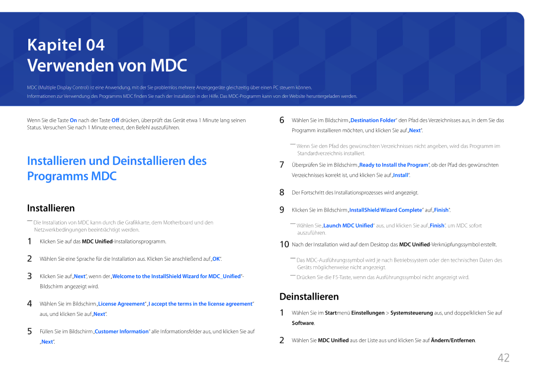 Samsung LH85QMFPLGC/EN manual Verwenden von MDC, Deinstallieren, Software 