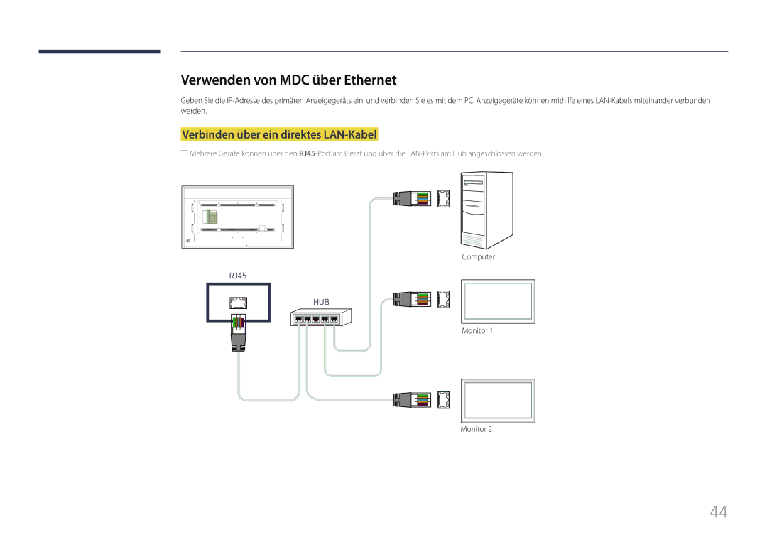 Samsung LH85QMFPLGC/EN manual Verwenden von MDC über Ethernet, Verbinden über ein direktes LAN-Kabel 