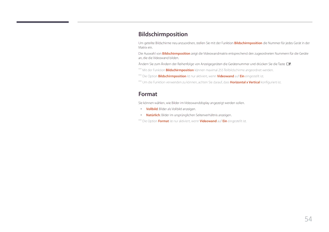 Samsung LH85QMFPLGC/EN manual Bildschirmposition, Format 