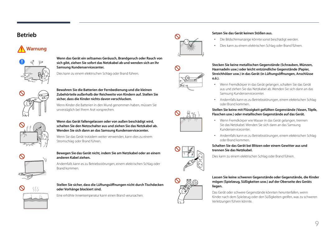 Samsung LH85QMFPLGC/EN manual Betrieb, Setzen Sie das Gerät keinen Stößen aus 