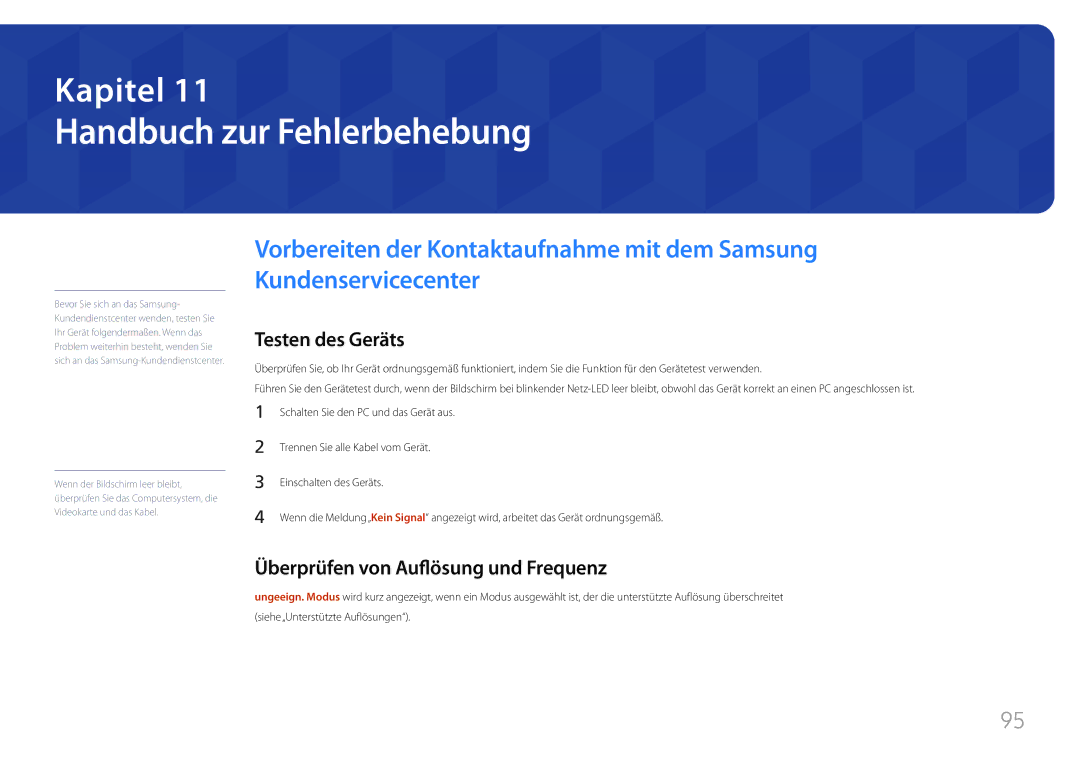 Samsung LH85QMFPLGC/EN manual Handbuch zur Fehlerbehebung, Testen des Geräts, Überprüfen von Auflösung und Frequenz 