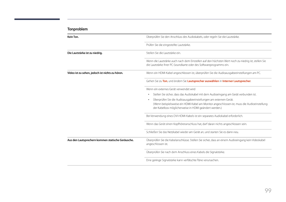 Samsung LH85QMFPLGC/EN manual Tonproblem, Kein Ton, Prüfen Sie die eingestellte Lautstärke, Die Lautstärke ist zu niedrig 