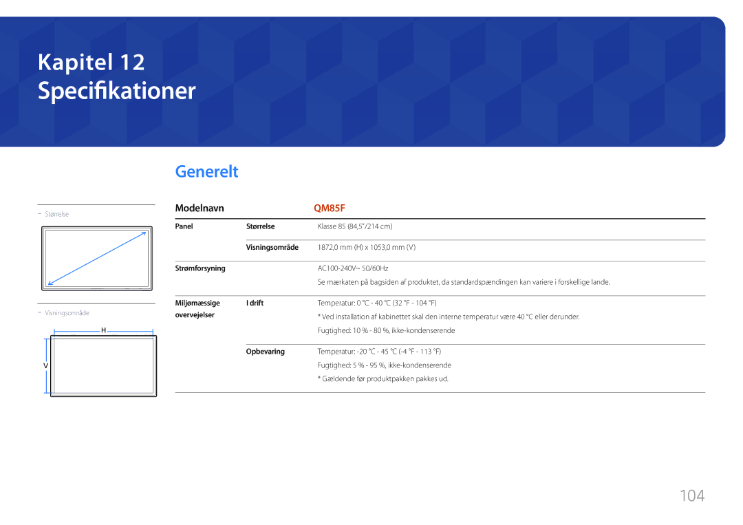 Samsung LH85QMFPLGC/EN manual Specifikationer, Generelt, Modelnavn 