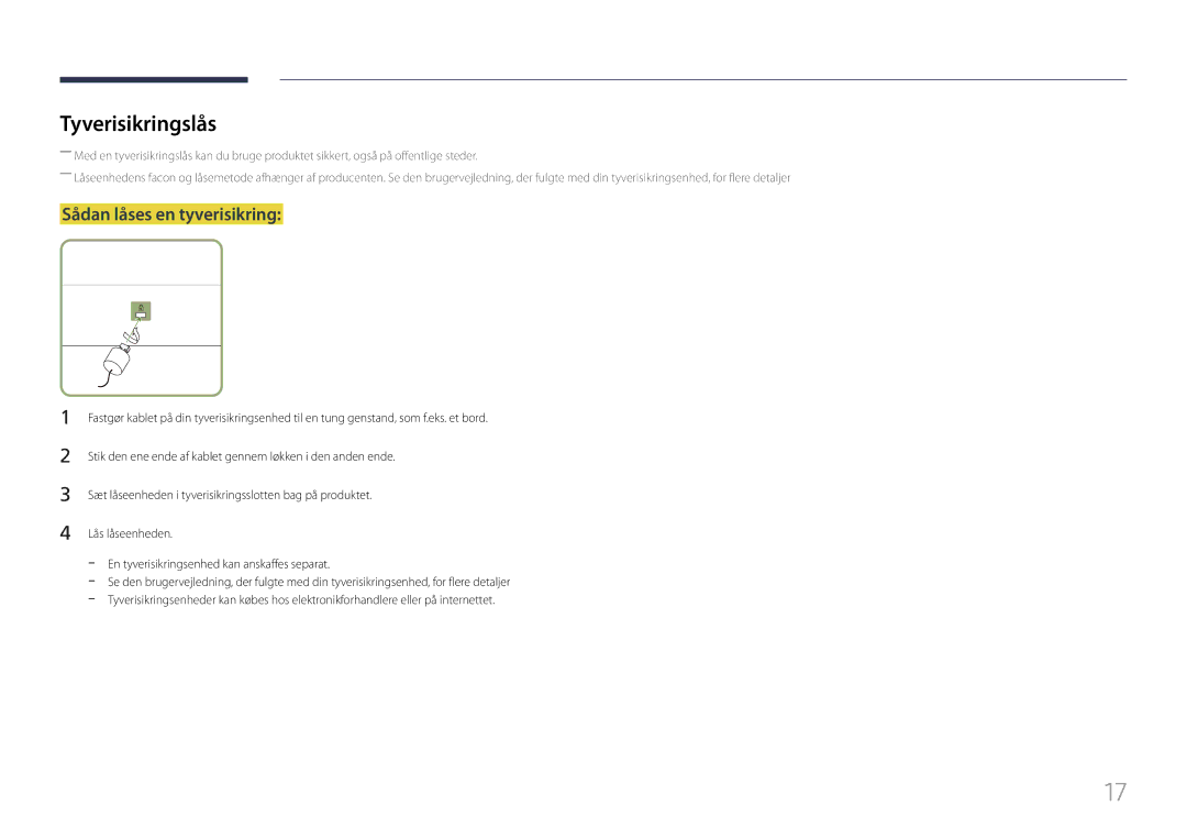 Samsung LH85QMFPLGC/EN manual Tyverisikringslås, Sådan låses en tyverisikring 