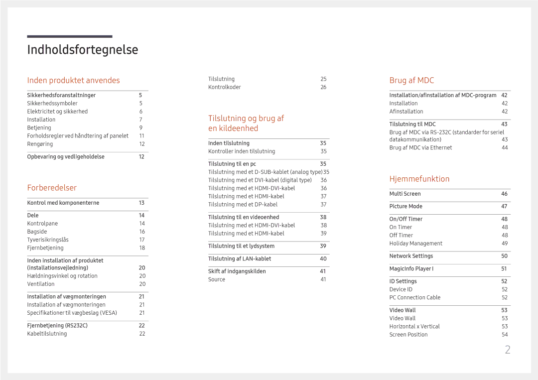 Samsung LH85QMFPLGC/EN manual Indholdsfortegnelse 