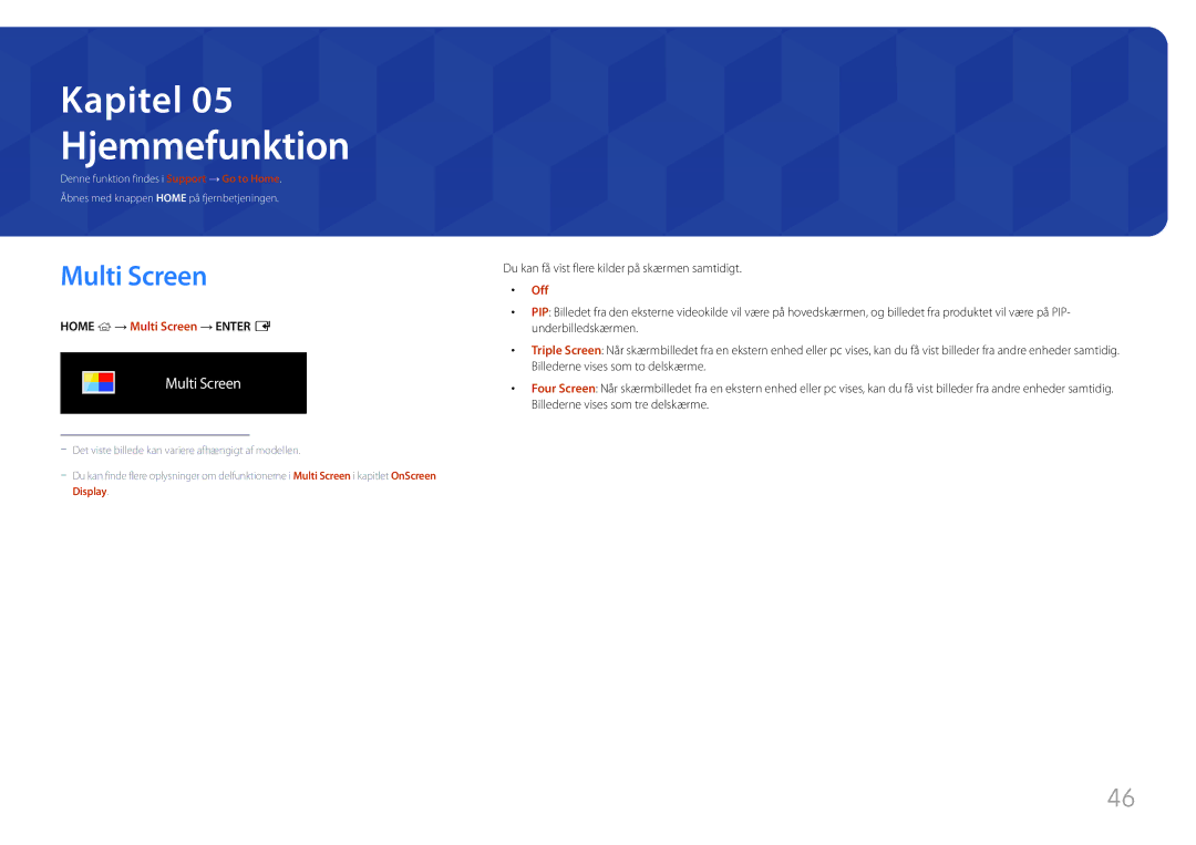 Samsung LH85QMFPLGC/EN manual Hjemmefunktion, Home → Multi Screen → Enter E 