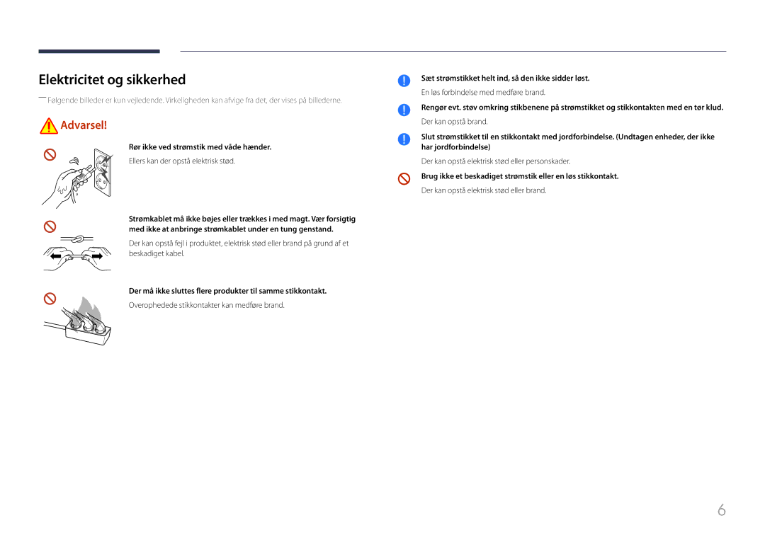 Samsung LH85QMFPLGC/EN manual Elektricitet og sikkerhed, Rør ikke ved strømstik med våde hænder 