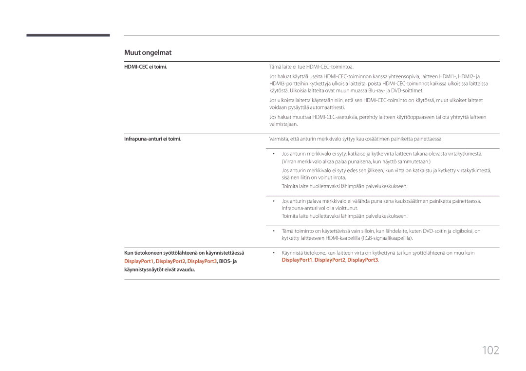 Samsung LH85QMFPLGC/EN manual HDMI-CEC ei toimi, Tämä laite ei tue HDMI-CEC-toimintoa, Infrapuna-anturi ei toimi 