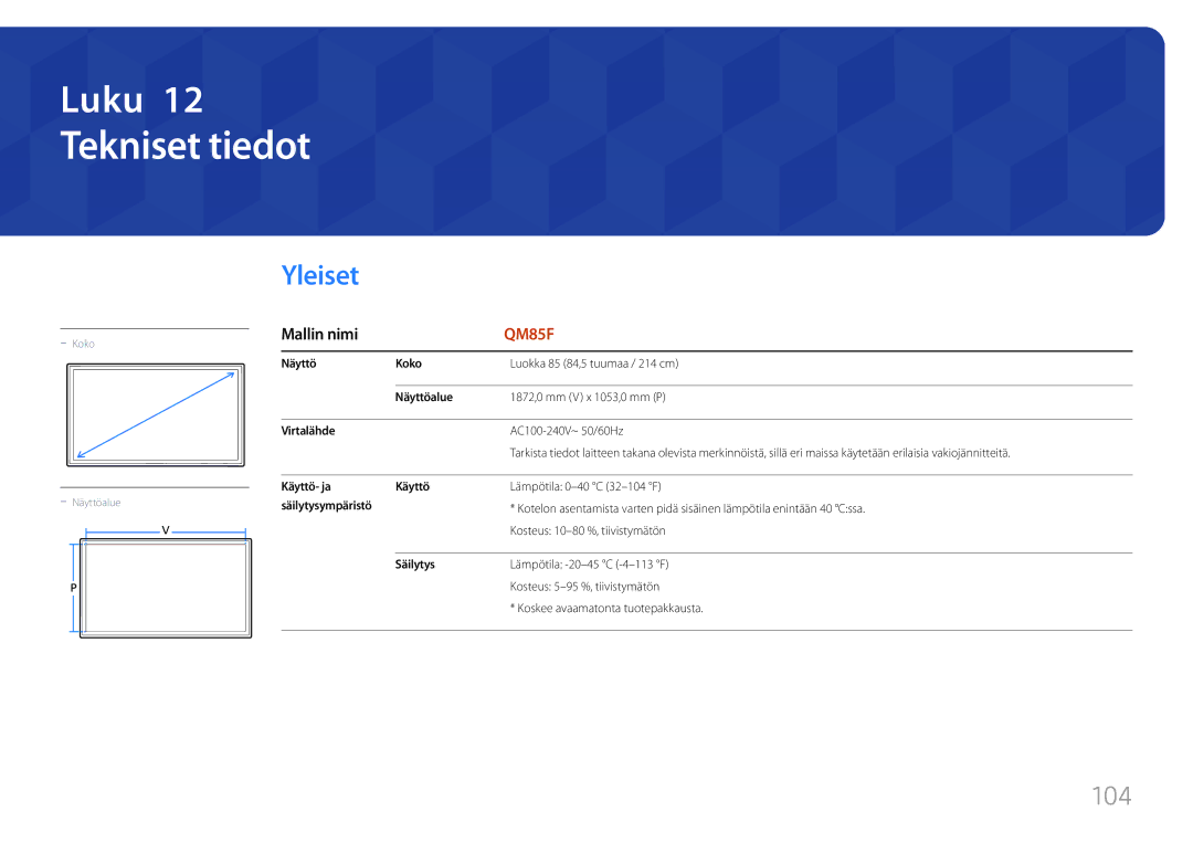 Samsung LH85QMFPLGC/EN manual Tekniset tiedot, Yleiset, Mallin nimi 