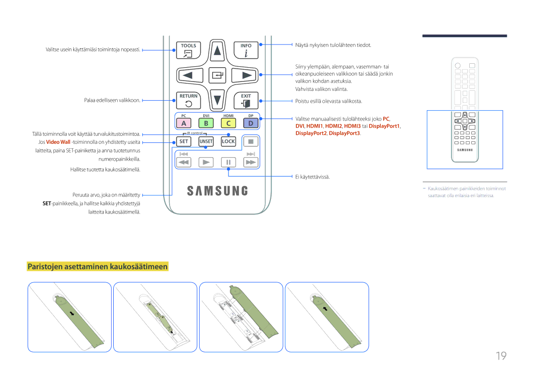 Samsung LH85QMFPLGC/EN manual Paristojen asettaminen kaukosäätimeen, Valitse usein käyttämiäsi toimintoja nopeasti 