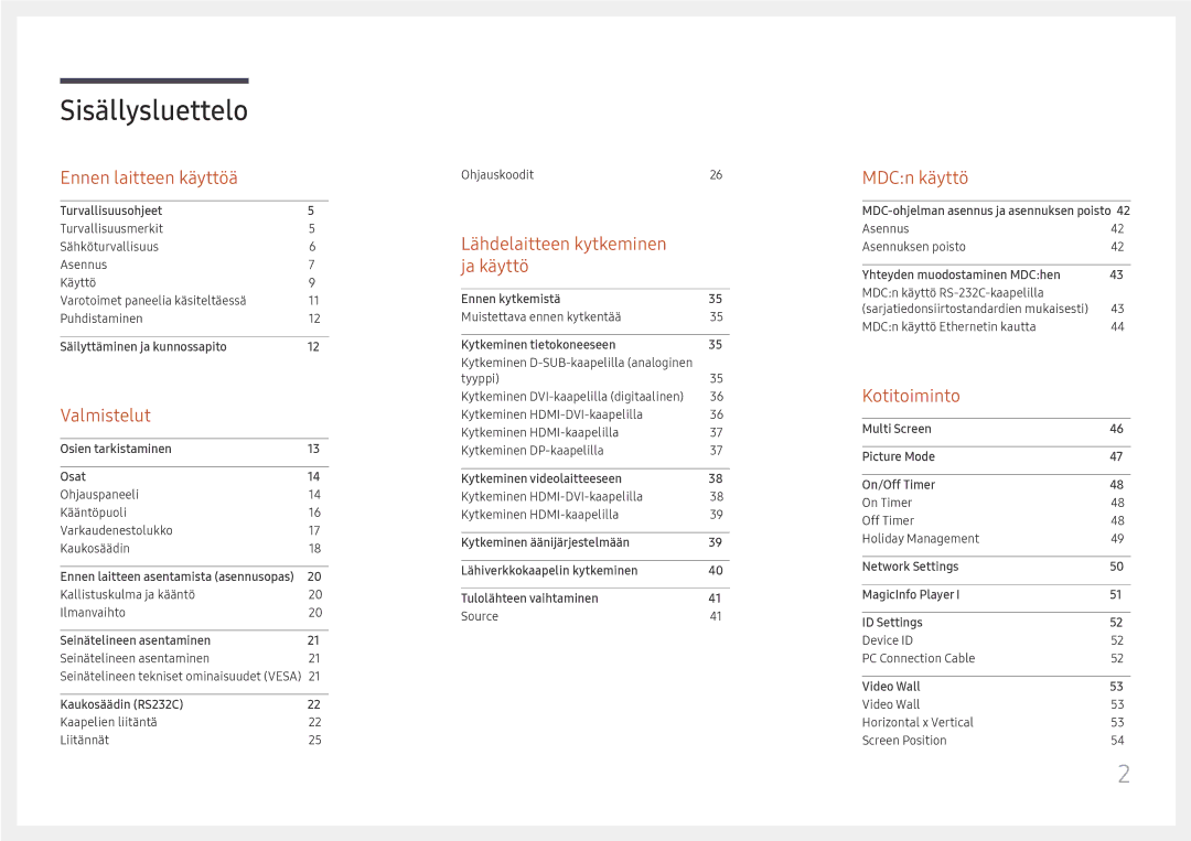 Samsung LH85QMFPLGC/EN manual Sisällysluettelo 