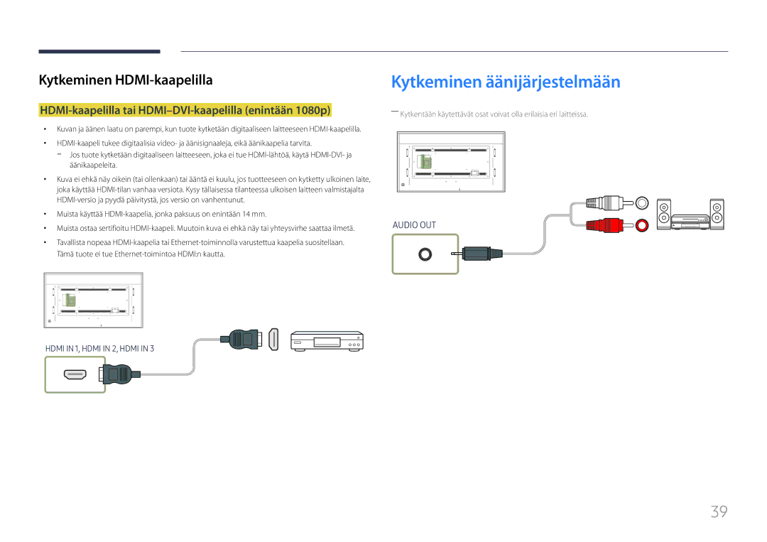 Samsung LH85QMFPLGC/EN manual Kytkeminen äänijärjestelmään, HDMI-kaapelilla tai HDMI-DVI-kaapelilla enintään 1080p 