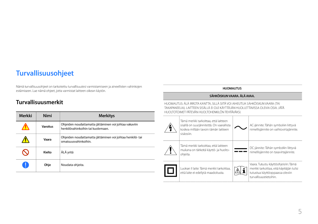 Samsung LH85QMFPLGC/EN manual Ennen laitteen käyttöä, Turvallisuusohjeet, Turvallisuusmerkit, Merkki Nimi Merkitys 