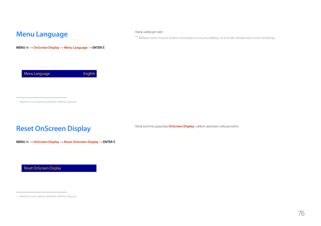 Samsung LH85QMFPLGC/EN manual Reset OnScreen Display, Menu m → OnScreen Display → Menu Language → Enter E 