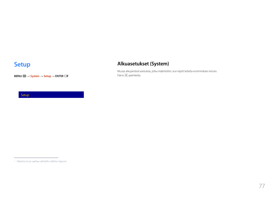 Samsung LH85QMFPLGC/EN manual Setup, Alkuasetukset System, Time MagicInfo I Source 