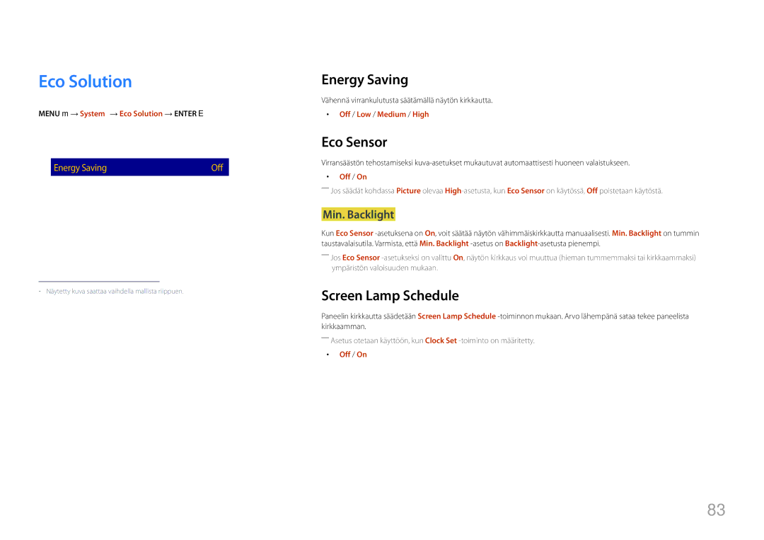 Samsung LH85QMFPLGC/EN manual Eco Solution, Energy Saving, Eco Sensor, Screen Lamp Schedule 