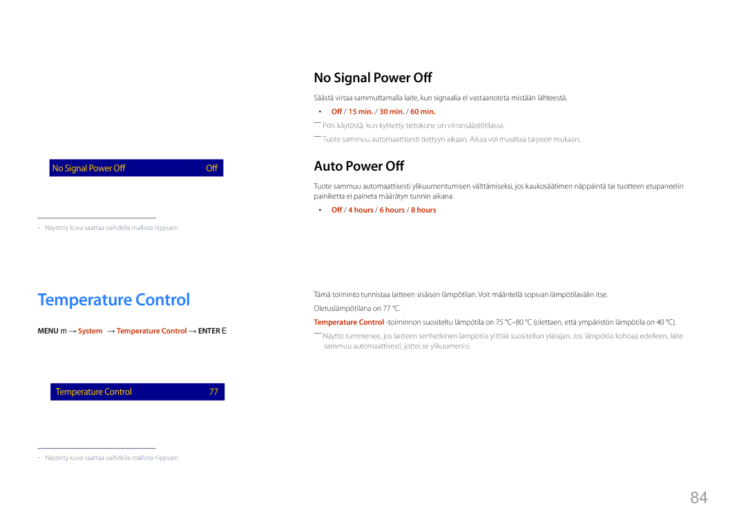 Samsung LH85QMFPLGC/EN manual Temperature Control, No Signal Power Off, Auto Power Off 