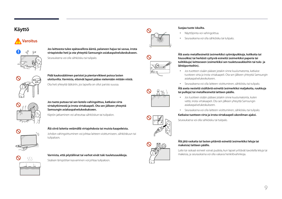 Samsung LH85QMFPLGC/EN manual Käyttö, Käytön jatkaminen voi aiheuttaa sähköiskun tai tulipalon, Suojaa tuote iskuilta 