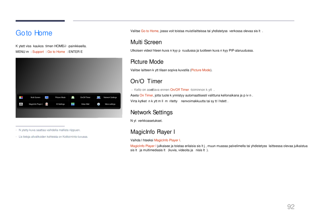 Samsung LH85QMFPLGC/EN manual Go to Home, Picture Mode, On/Off Timer, Network Settings, MagicInfo Player 